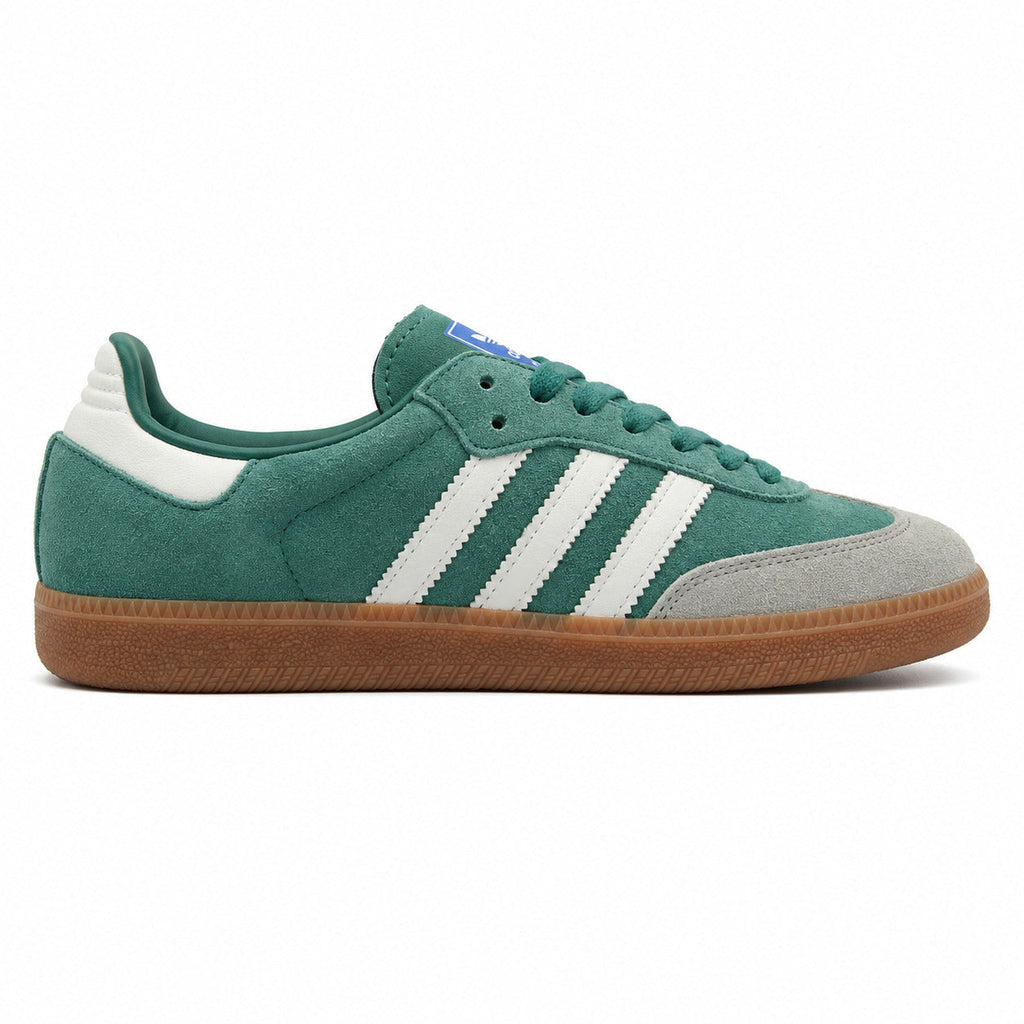 Adidas Samba Vegan ante verde bosque bandas blancas suela goma perfil derecho
