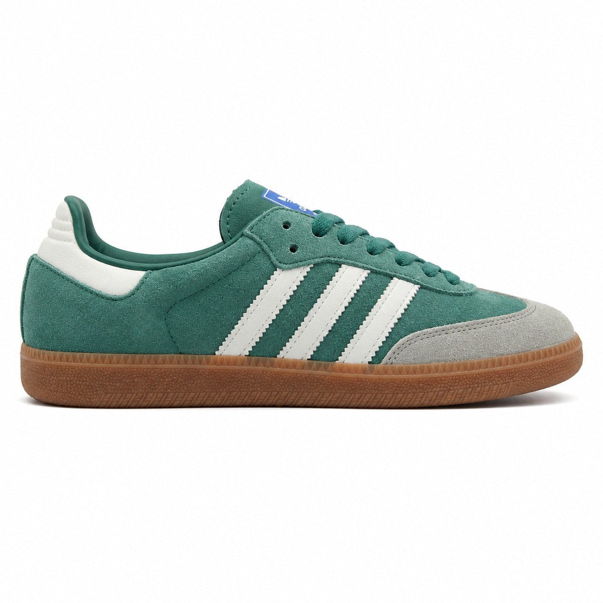Adidas Samba Vegan ante verde bosque bandas blancas suela goma perfil derecho