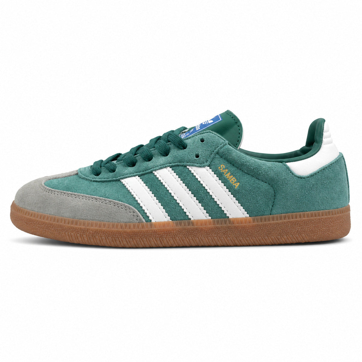 Adidas Samba Vegan ante verde bosque bandas blancas suela goma perfil izquierdo