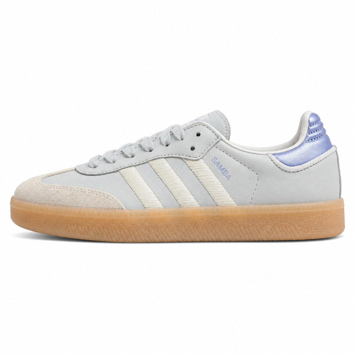 Adidas Sambae W gris hielo bandas crema talón metalizado azul perfil izquierdo
