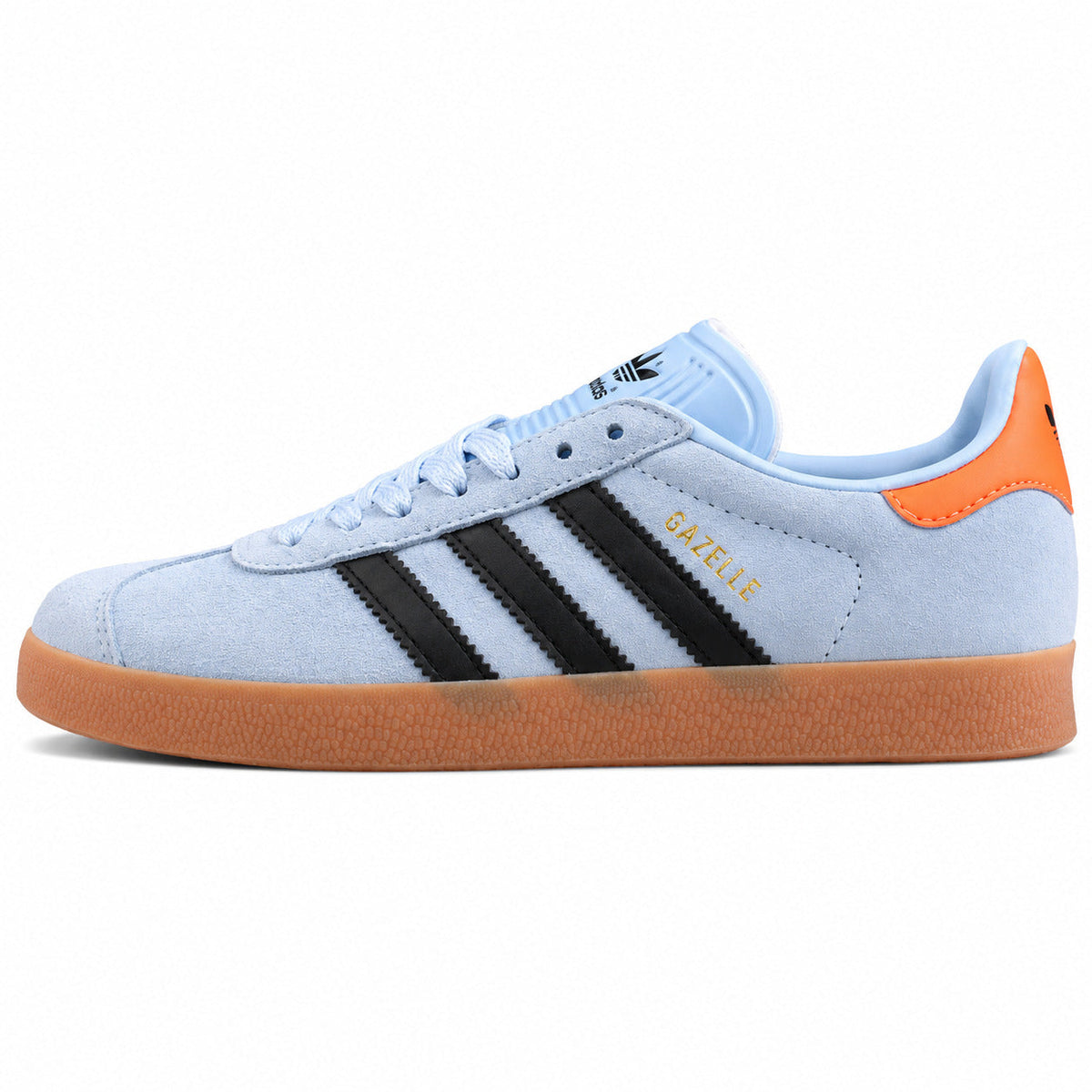 Adidas Gazelle azul cielo negro naranja lateral izquierda suela goma