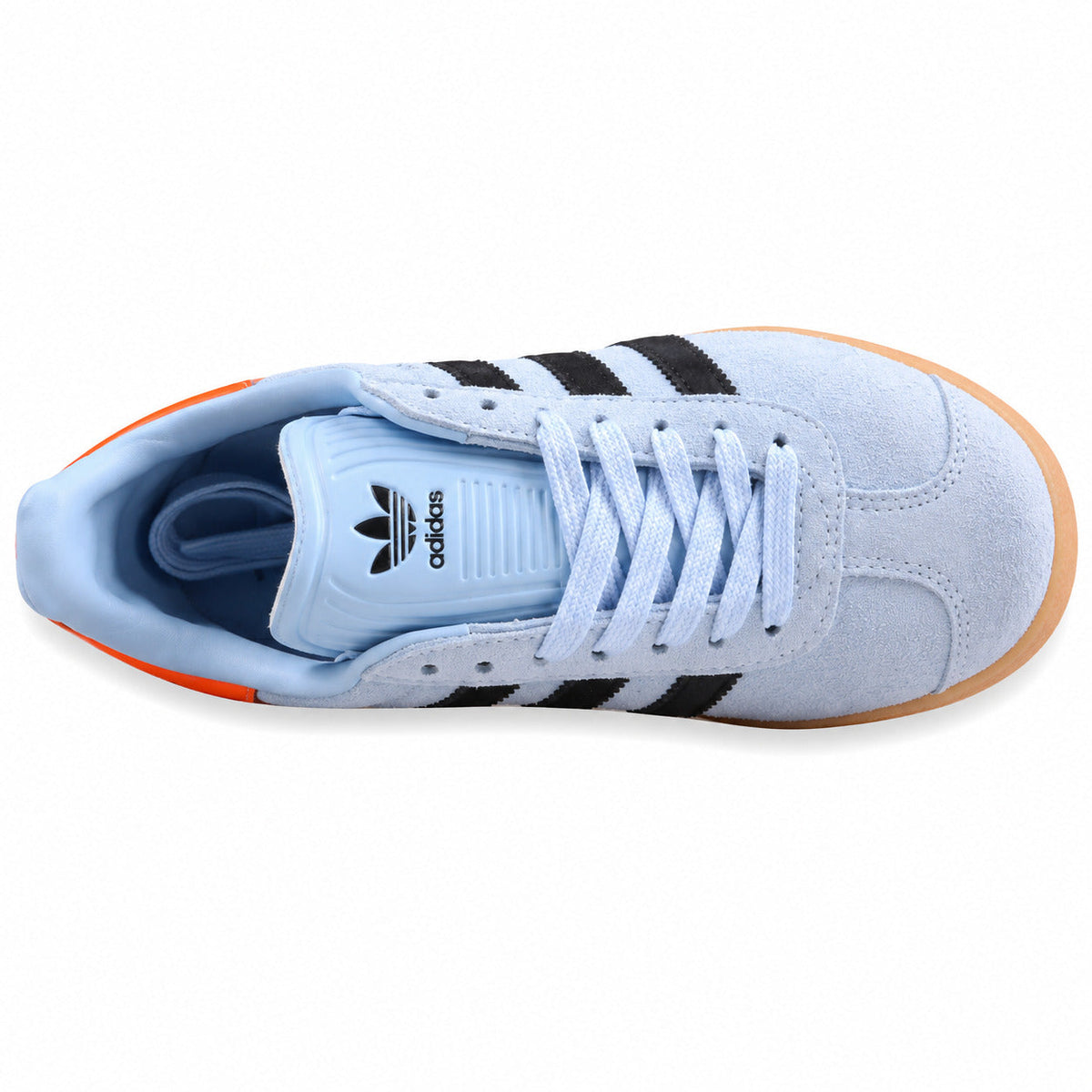 Adidas Gazelle azul cielo negro naranja vista superior cordones
