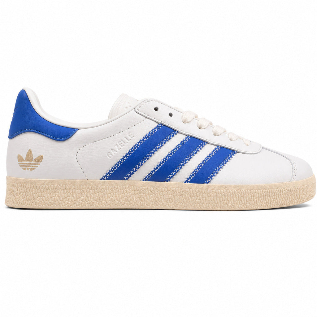 Adidas Gazelle blanco azul suela gum lateral derecha