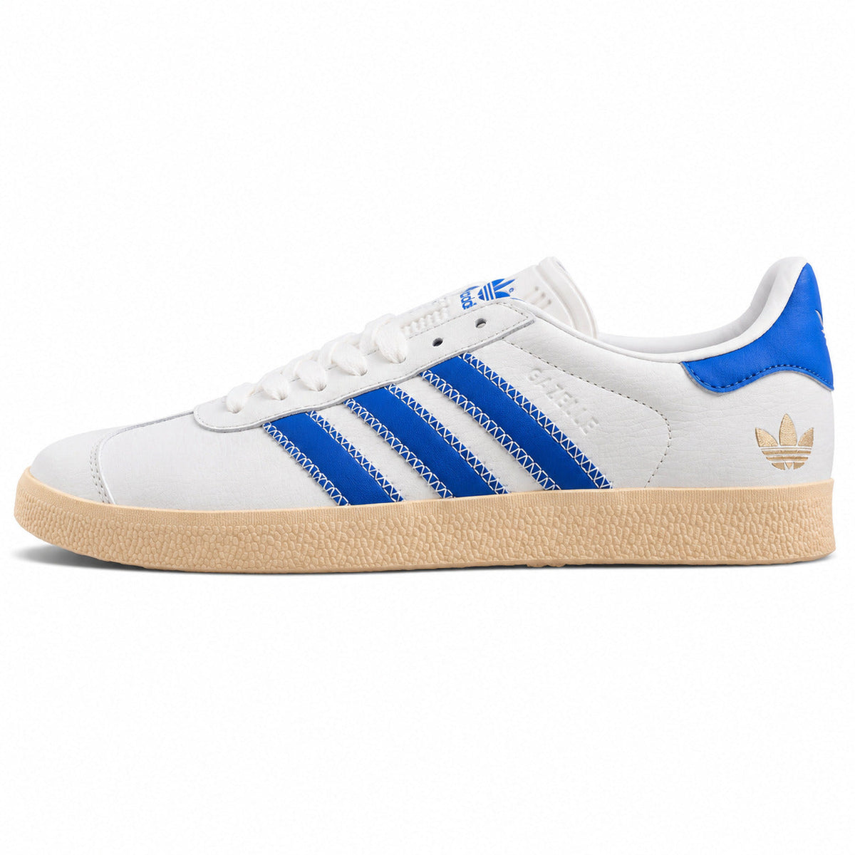 Adidas Gazelle blanco azul suela gum lateral izquierda