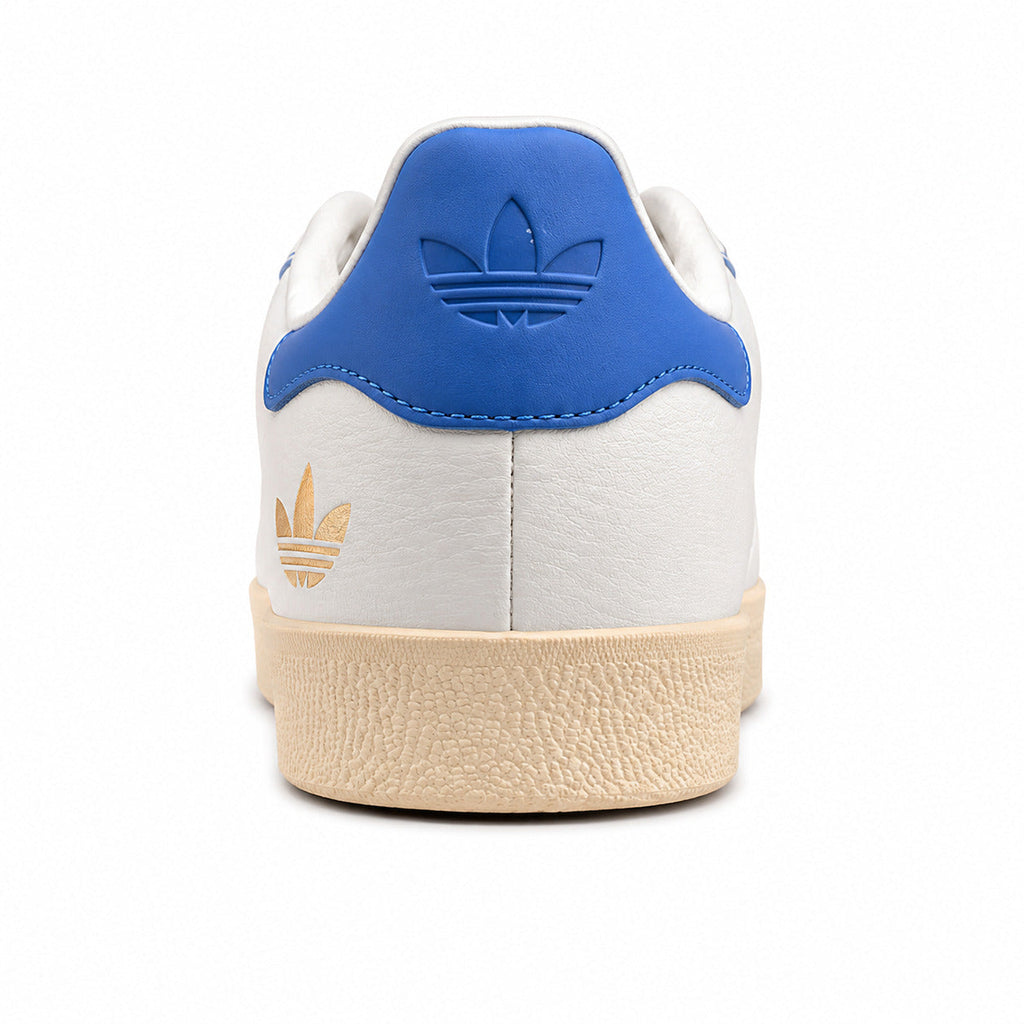 Adidas Gazelle blanco azul detalle talón trefoil dorado