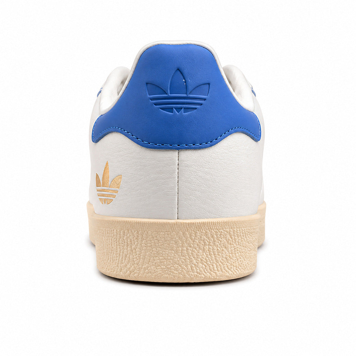 Adidas Gazelle blanco azul detalle talón trefoil dorado