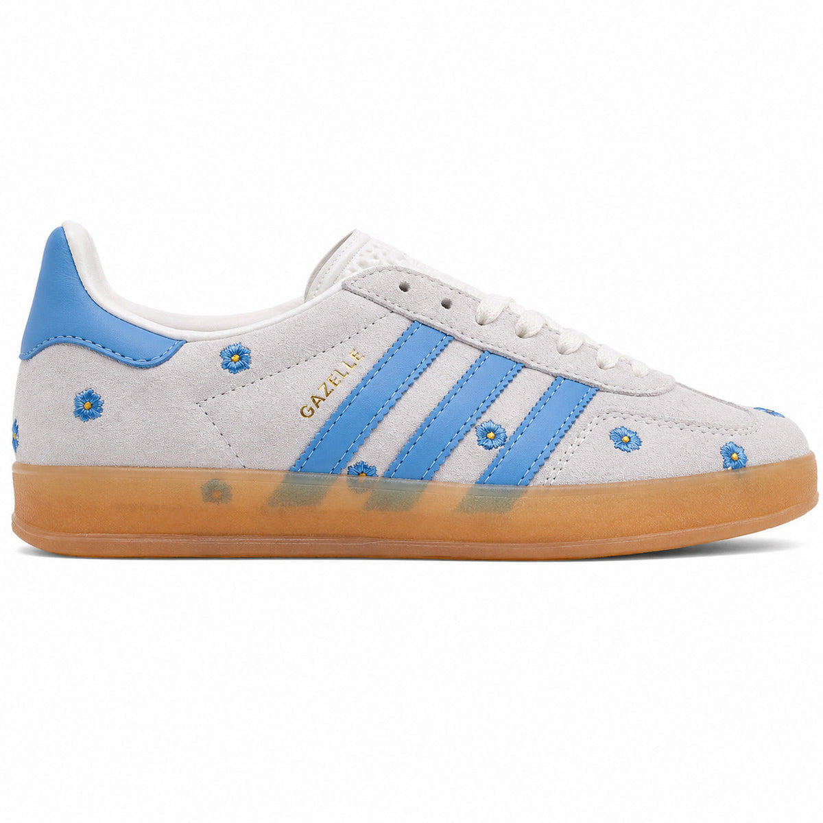 Adidas Gazelle Bold ante gris azul flores bordadas lateral derecha