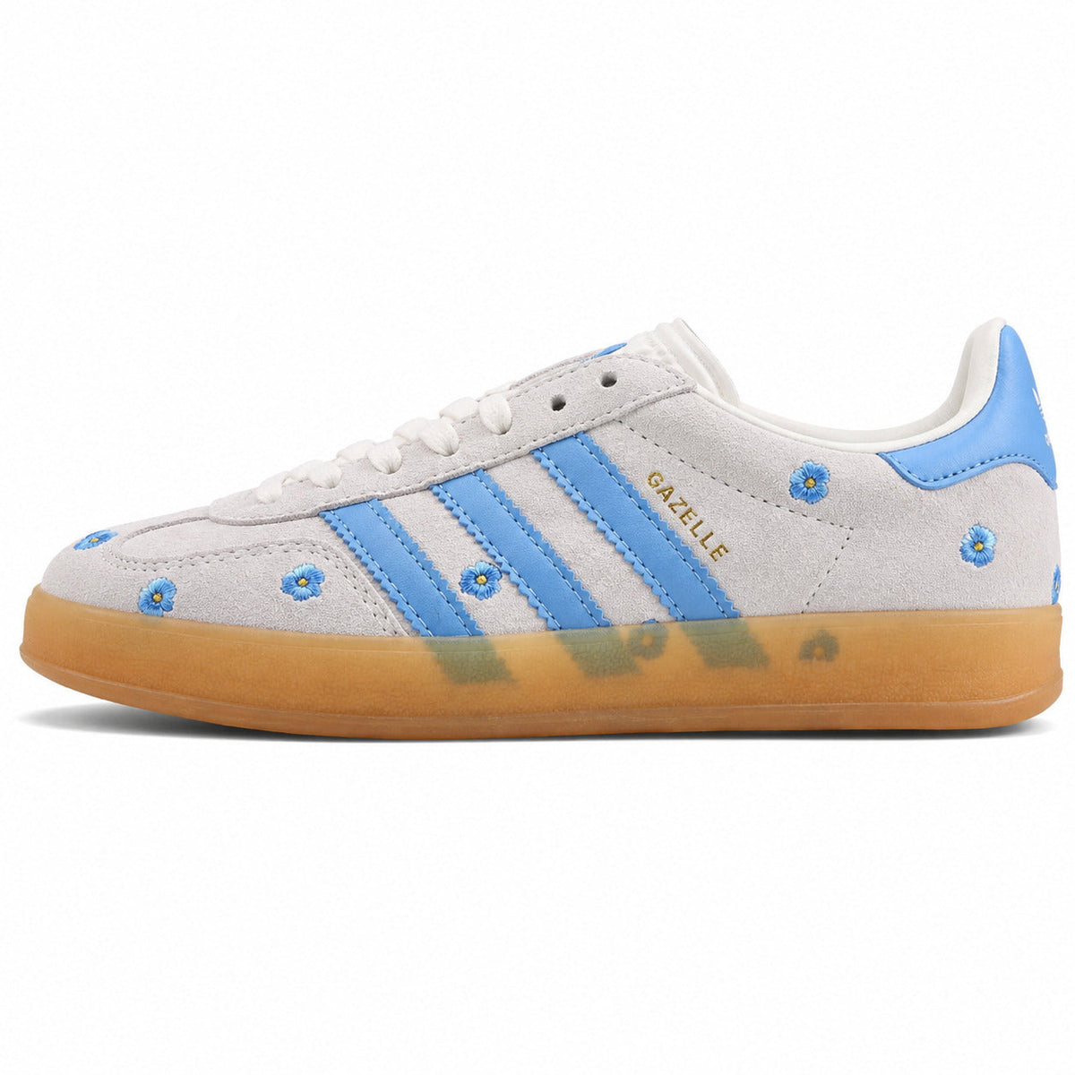 Adidas Gazelle Bold ante gris azul flores bordadas lateral izquierda
