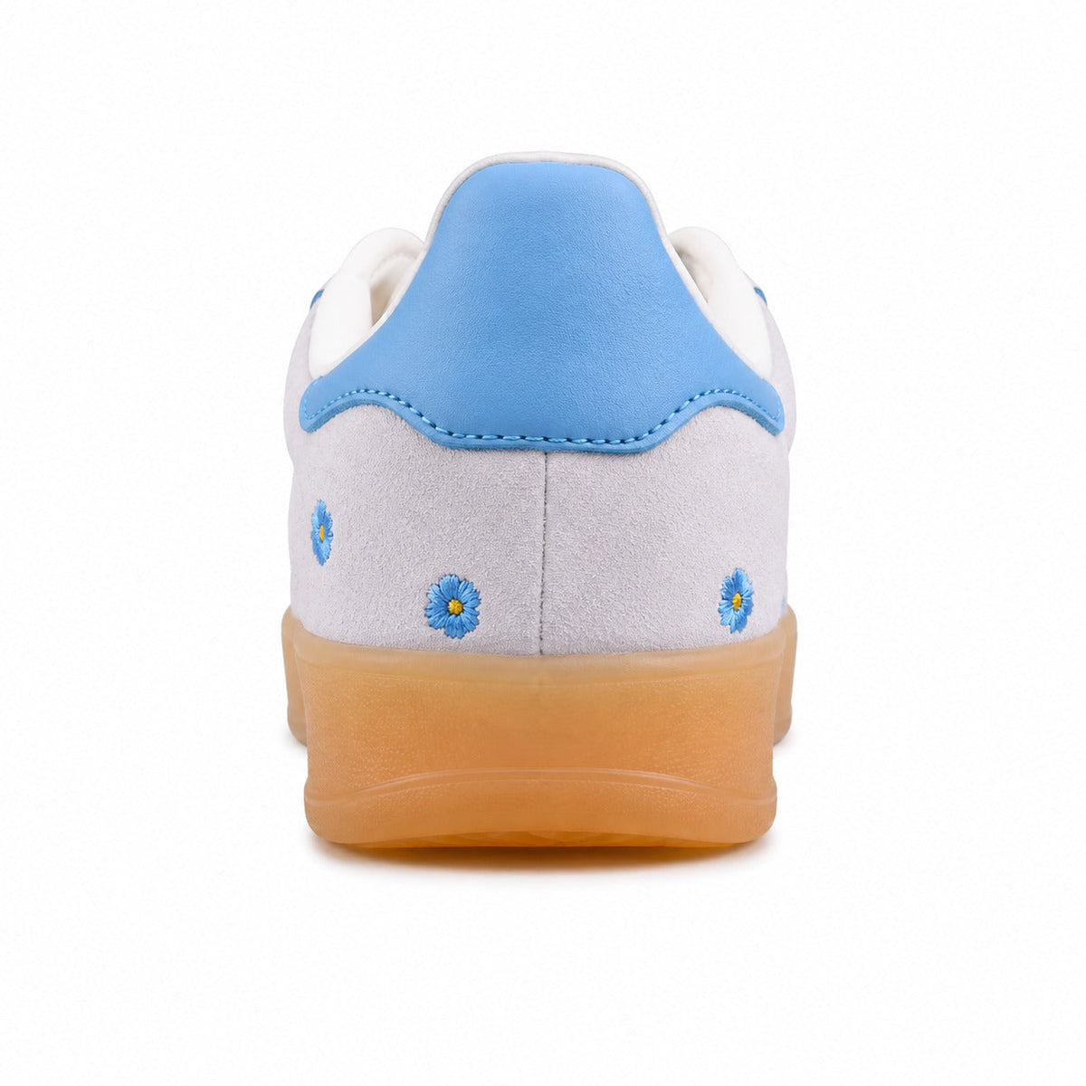 Adidas Gazelle Bold ante gris detalle talón azul flores bordadas