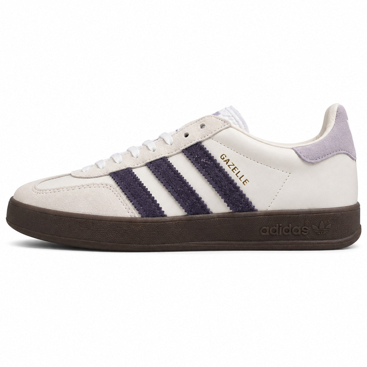 Adidas Gazelle crema violeta lavanda suela gum oscuro lateral izquierda