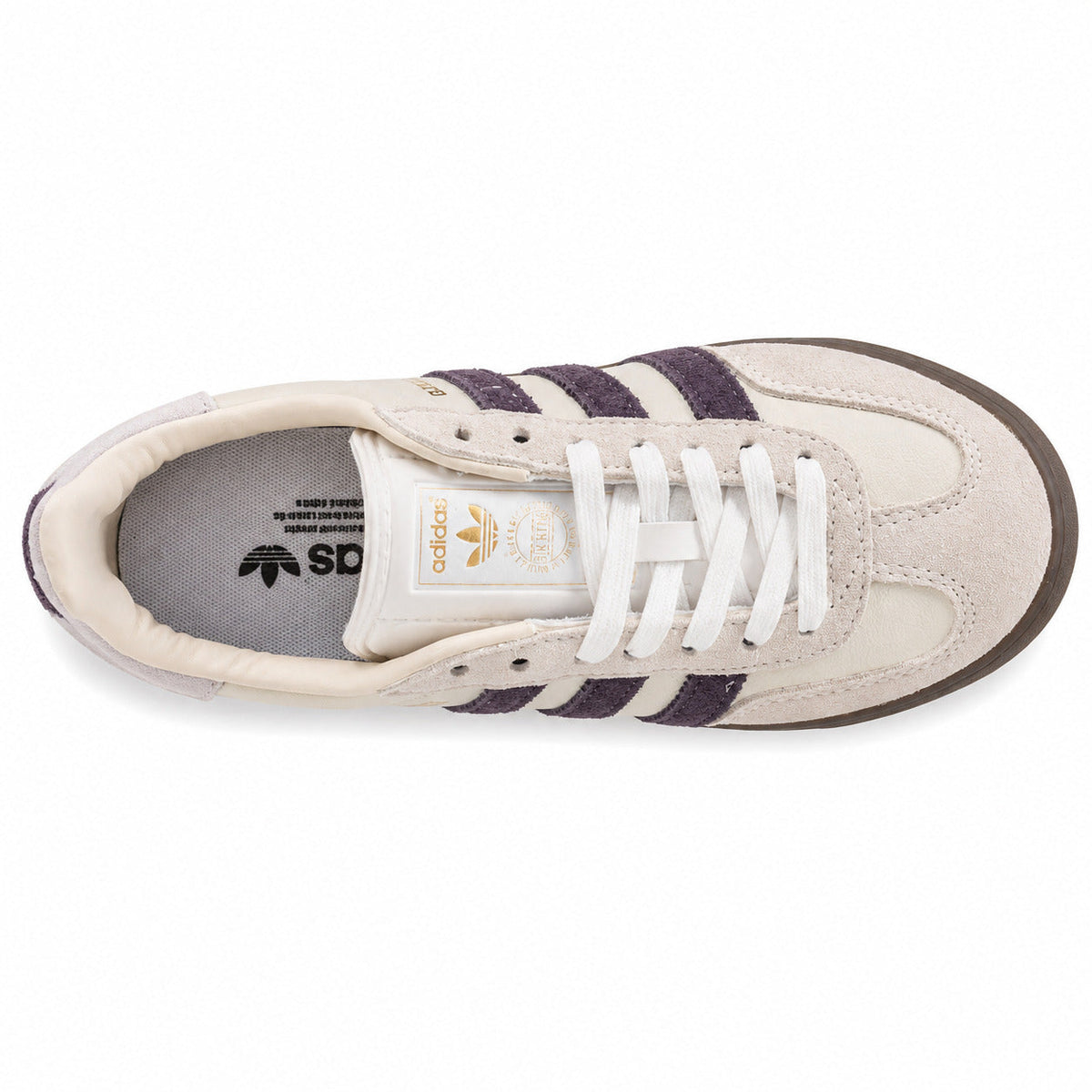 Adidas Gazelle crema violeta lavanda suela gum oscuro vista superior
