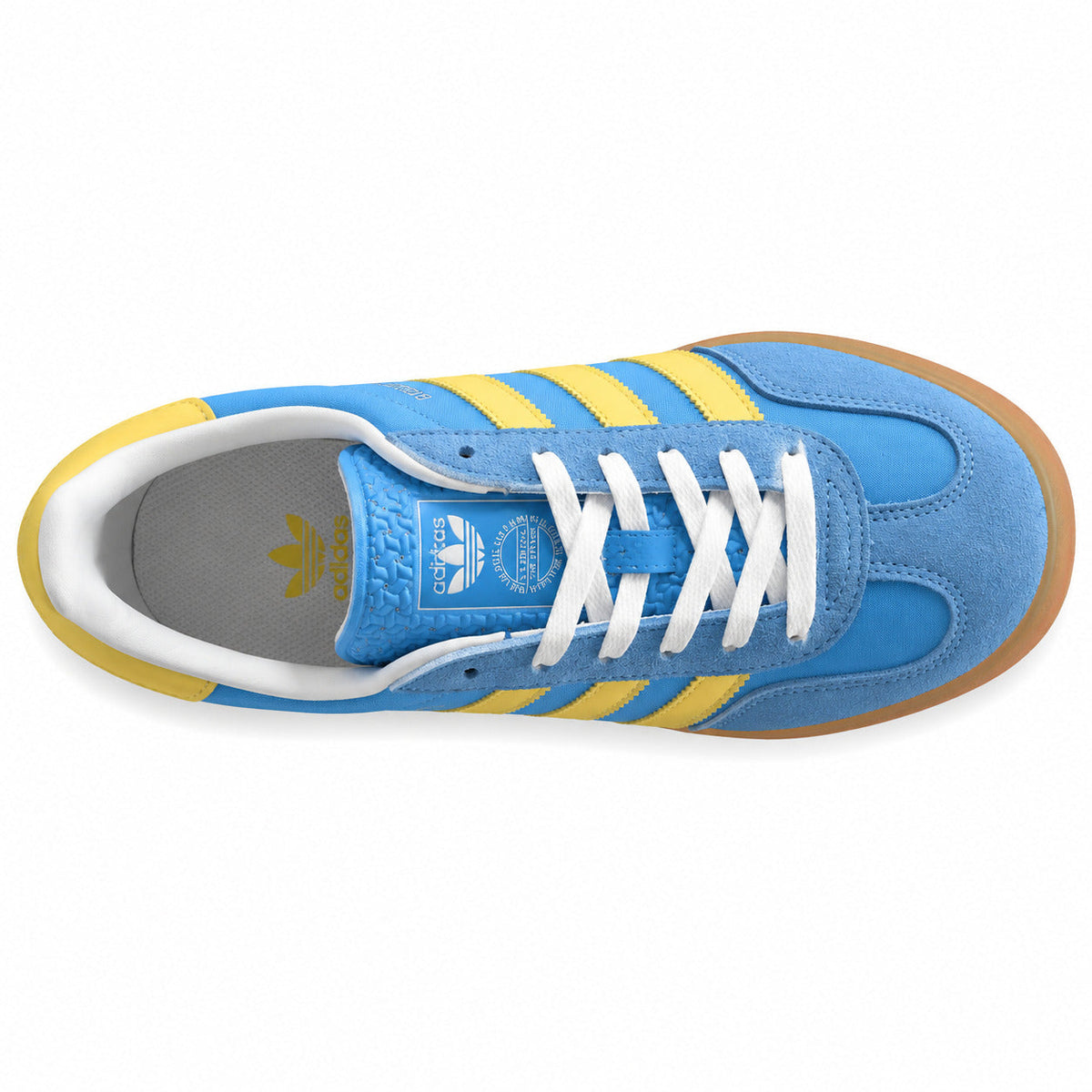 Adidas Gazelle Indoor azul cielo amarillo vista superior cordones blancos