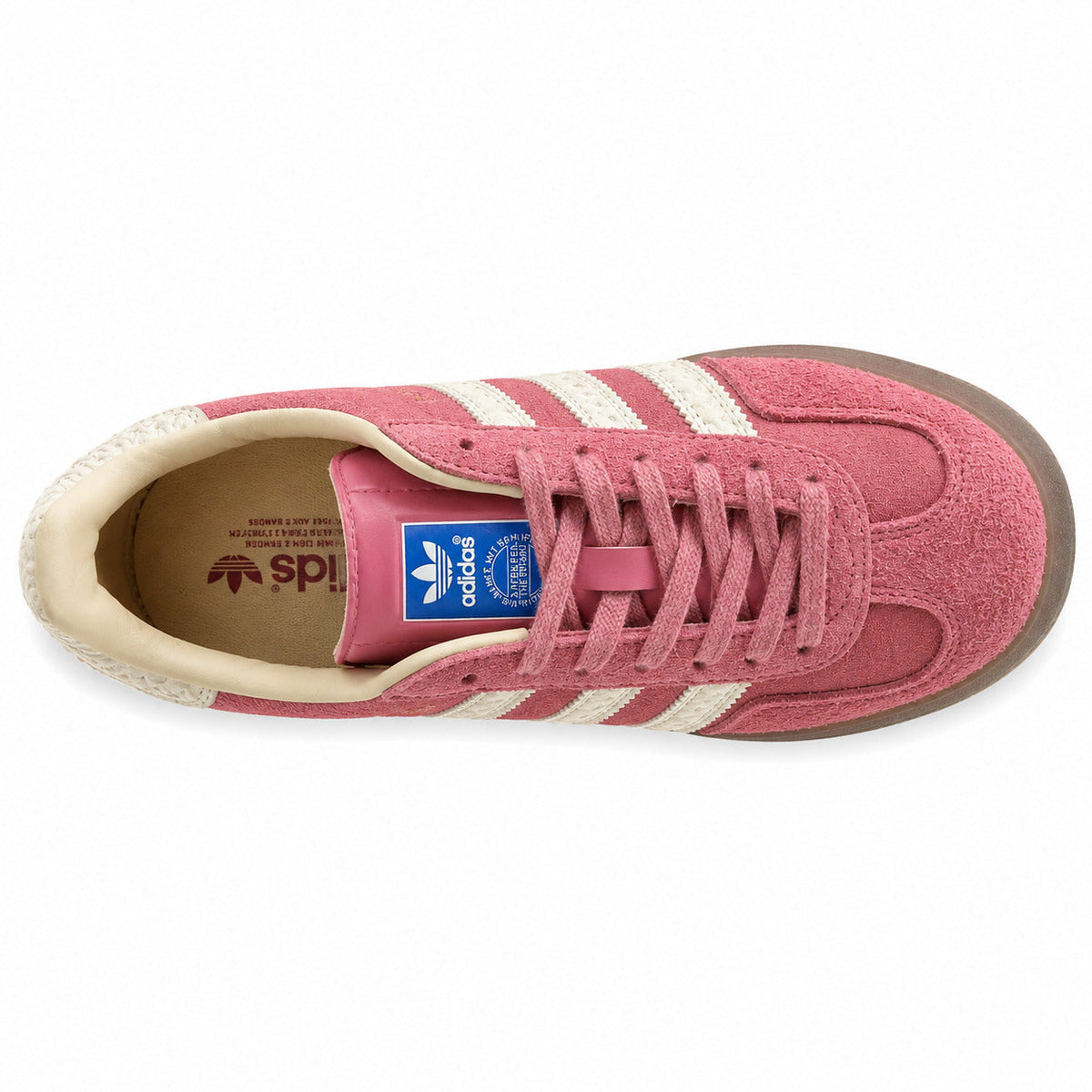 Adidas Gazelle Indoor rosa crema vista superior cordones

