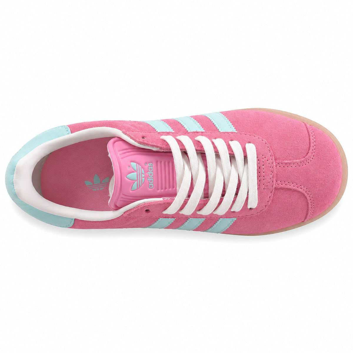 Adidas Gazelle rosa azul cielo vista superior cordones blancos