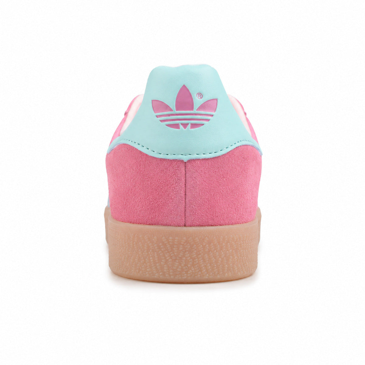 Adidas Gazelle rosa azul cielo detalle talón logo trefoil