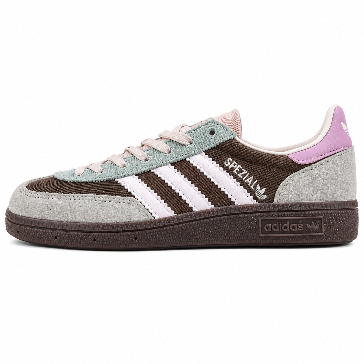 Adidas Handball Spezial pana marrón verde sage lila vista lateral derecha