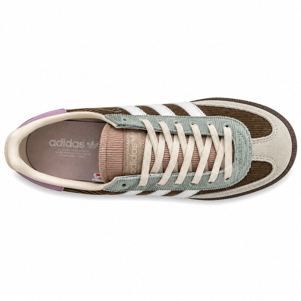 Adidas Handball Spezial pana marrón verde sage lila vista superior cordones