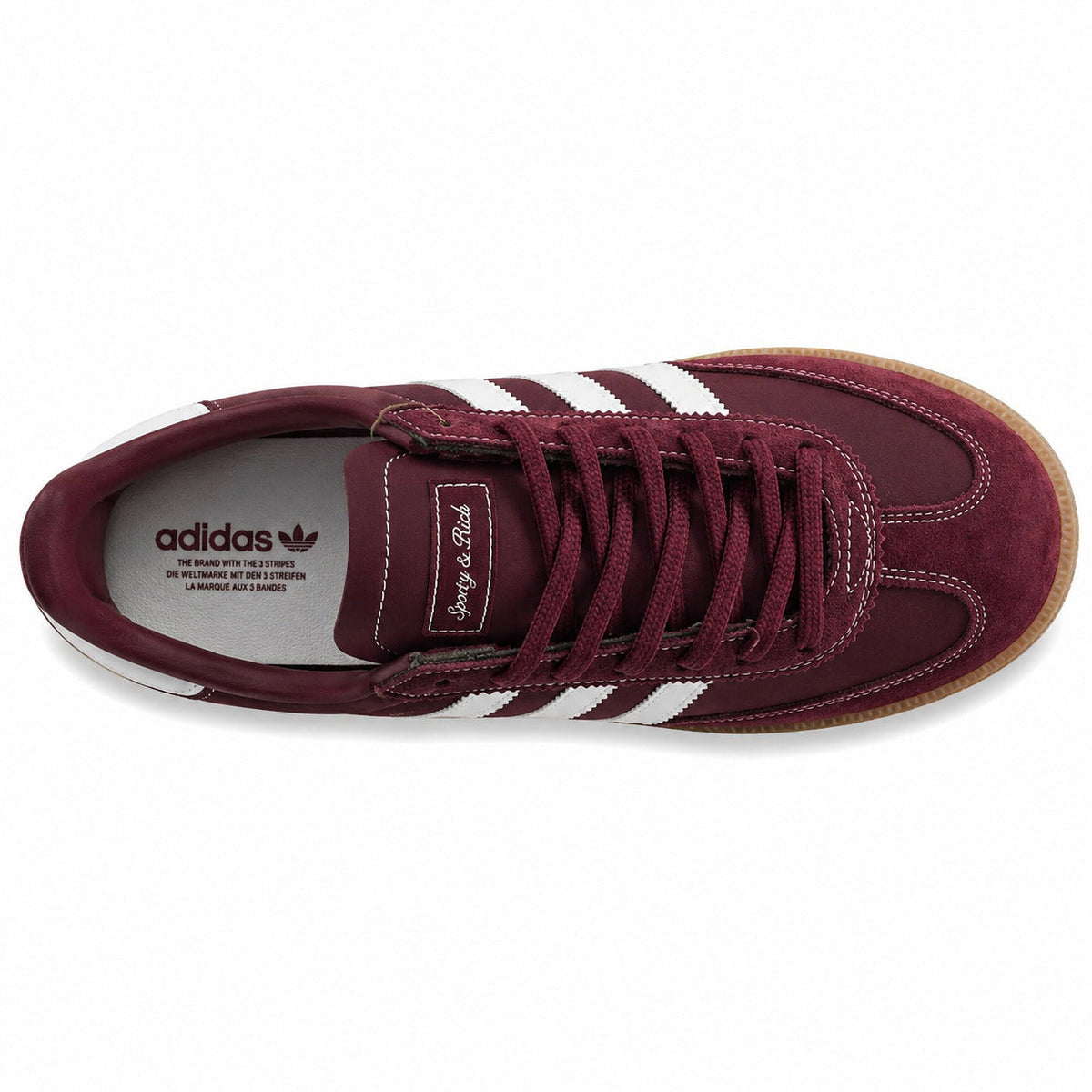 Adidas Handball Spezial x Sporty Rich burdeos blanco etiqueta cursiva lengüeta plantilla heritage vista superior