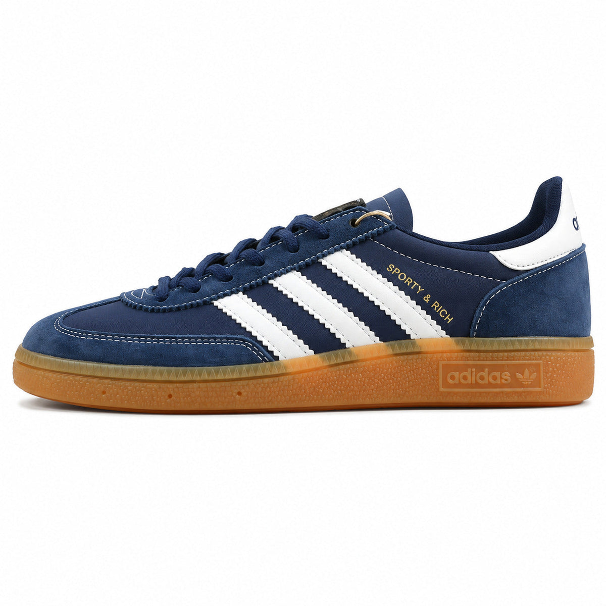 Adidas Handball Spezial x Sporty Rich azul marino ante blanco logo dorado suela goma perfil izquierdo