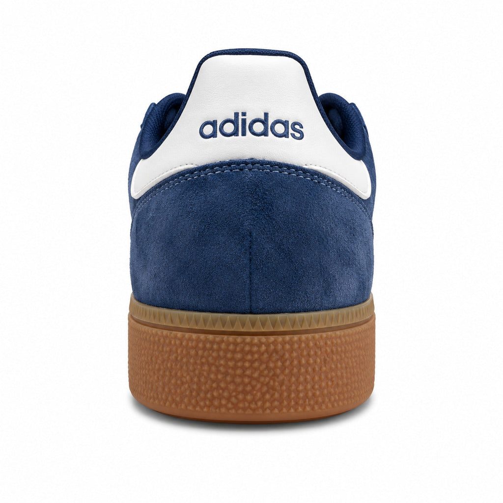 Adidas Handball Spezial x Sporty Rich azul marino detalle talón ante blanco suela goma caramelo