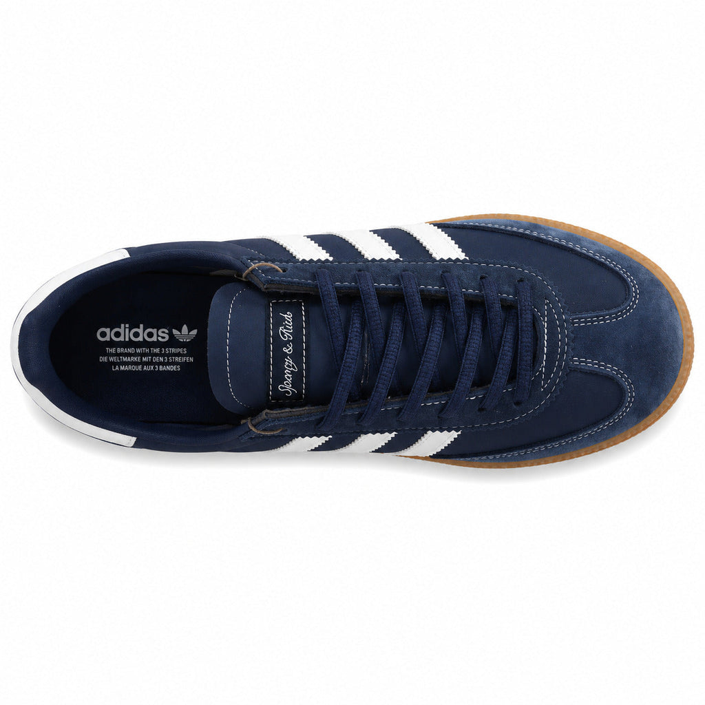 Adidas Handball Spezial x Sporty Rich marino blanco etiqueta cursiva lengüeta originals vista superior