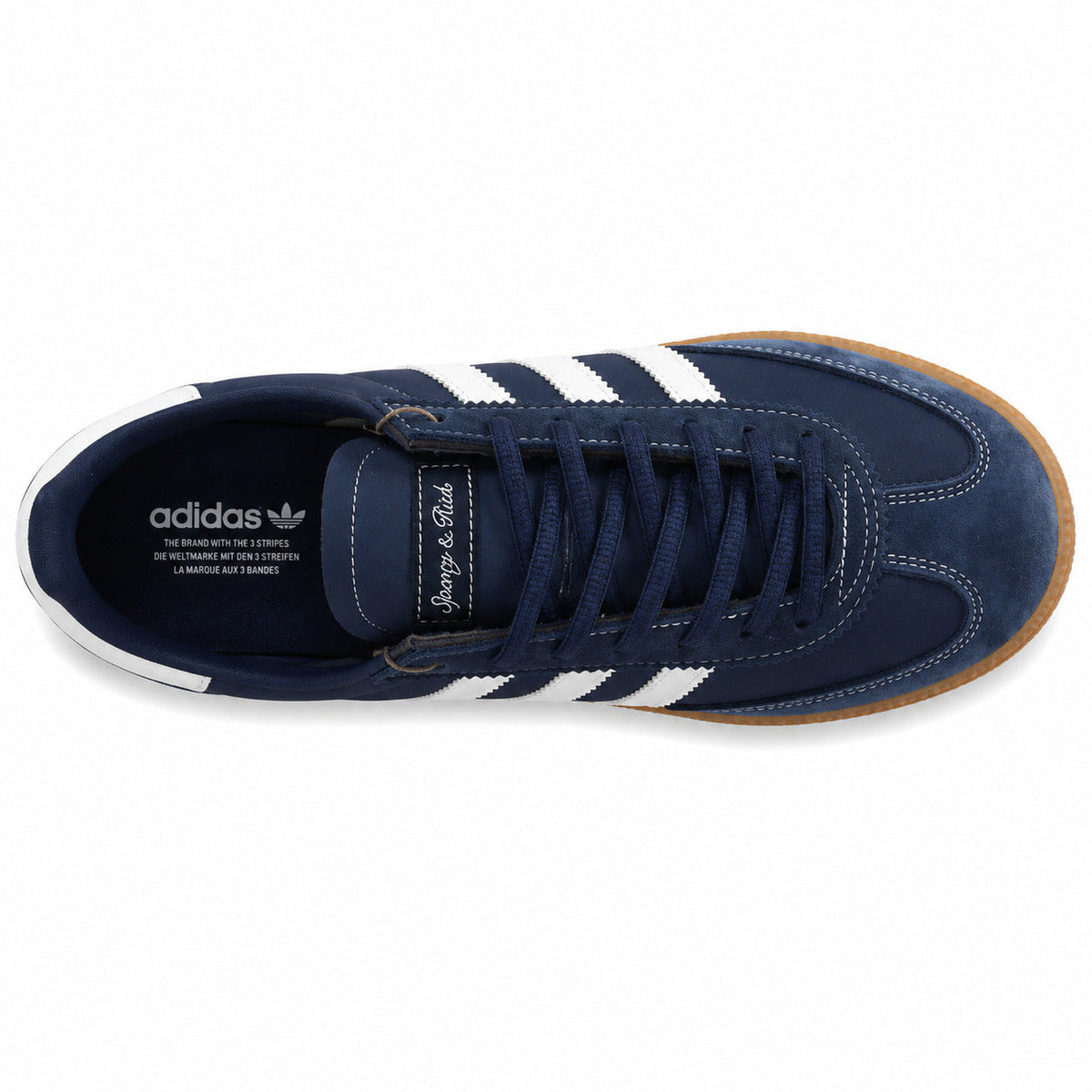 Adidas Handball Spezial x Sporty Rich marino blanco etiqueta cursiva lengüeta originals vista superior