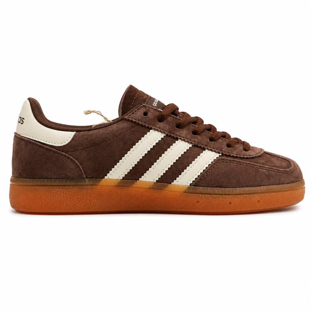 Adidas Handball Spezial x Sporty Rich marrón ante bandas crema counter blanco suela goma naranja perfil derecho