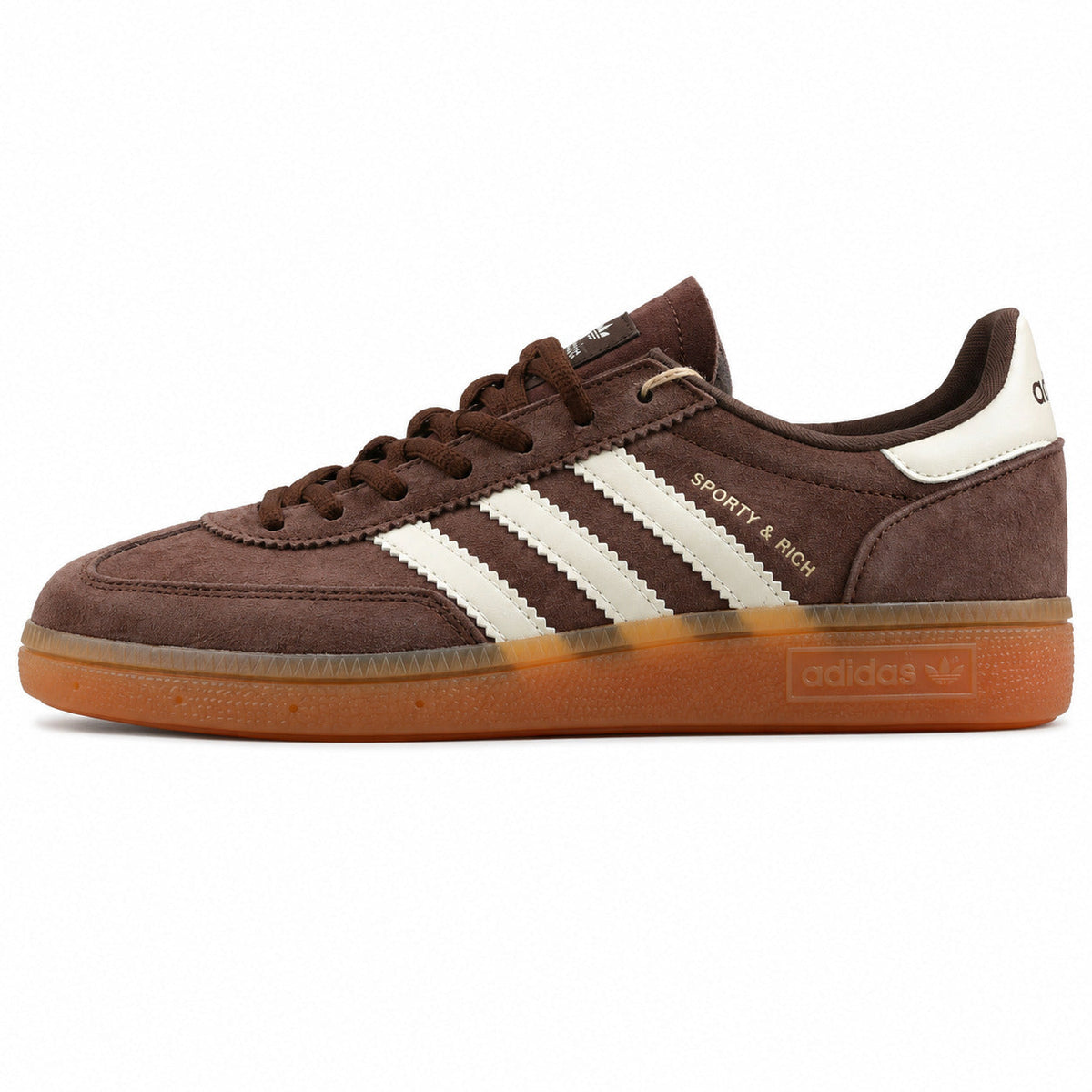Adidas Handball Spezial x Sporty Rich marrón ante bandas crema logo dorado suela goma perfil izquierdo