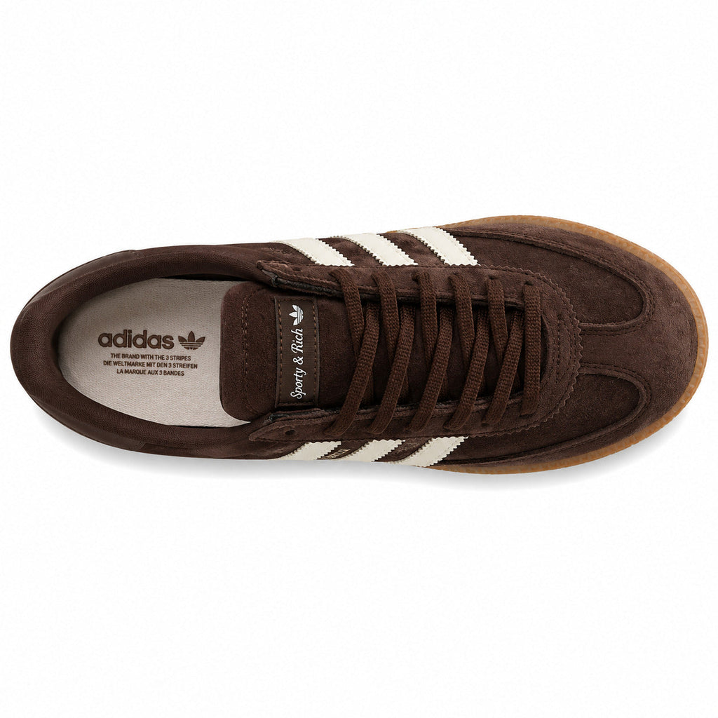Adidas Handball Spezial x Sporty Rich marrón crema cordones marron etiqueta cursiva lengüeta vista superior