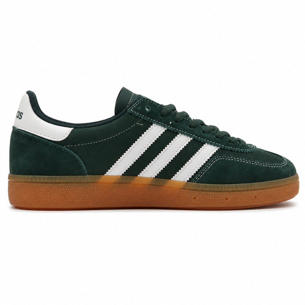 Adidas Handball Spezial x Sporty Rich verde bosque ante bandas blancas suela goma perfil derecho