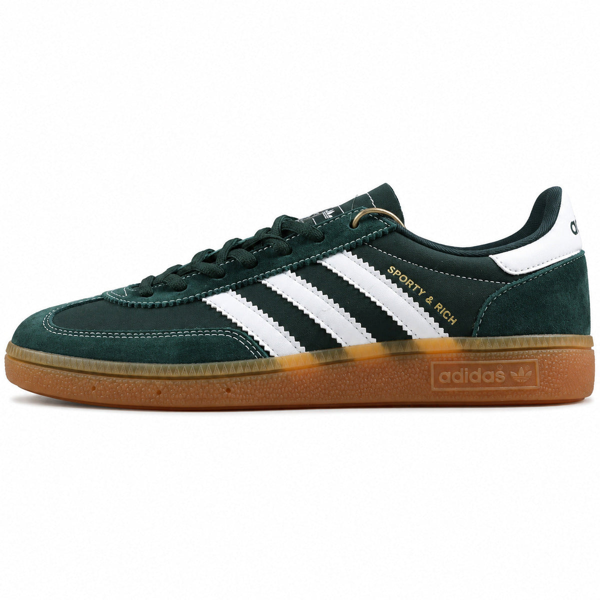 Adidas Handball Spezial x Sporty Rich verde bosque ante logo dorado bandas blancas suela goma perfil izquierdo