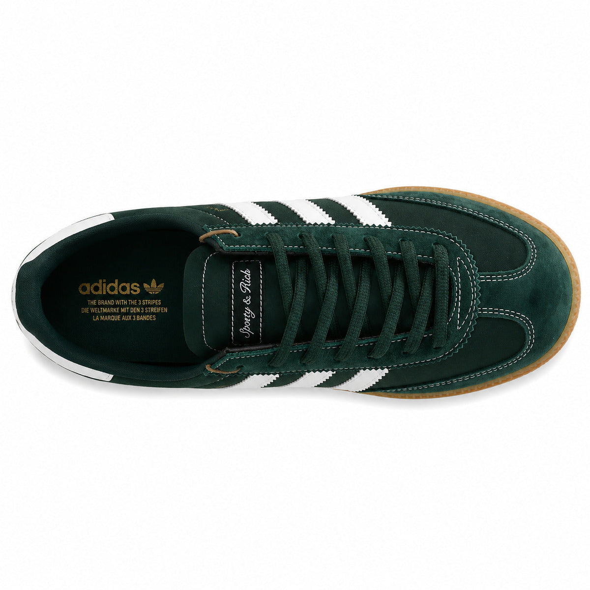 Adidas Handball Spezial x Sporty Rich verde bosque blanco etiqueta cursiva lengüeta plantilla heritage vista superior