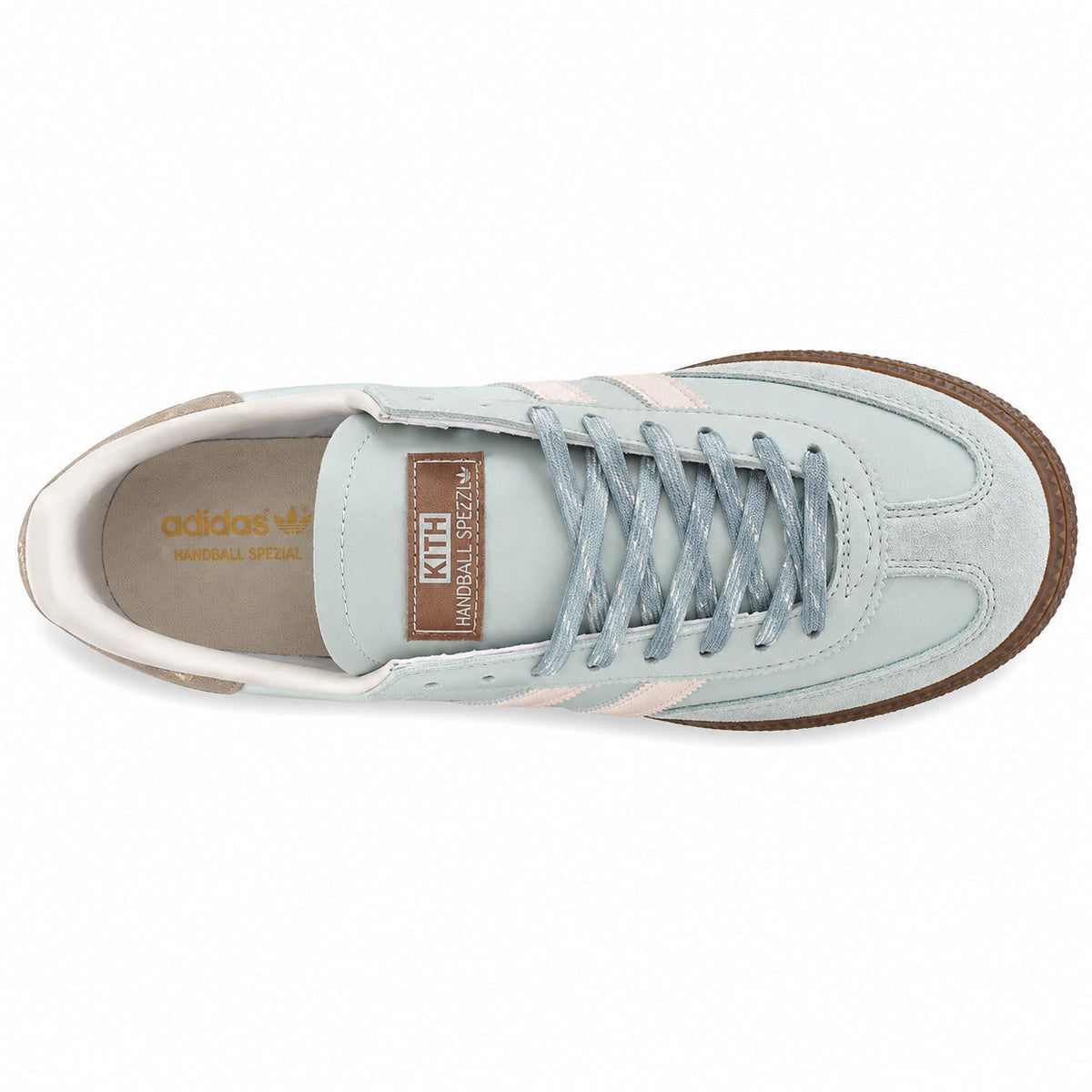 Adidas Handball Spezial x Kith azul hielo rosa polvo vista superior etiqueta Kith