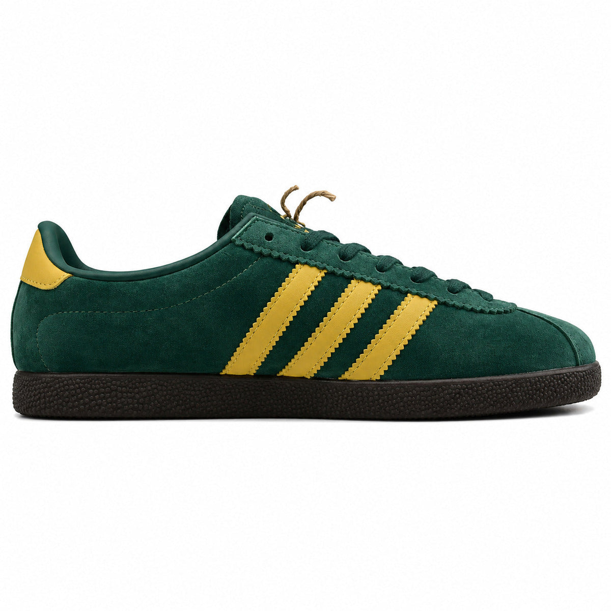 Adidas Liverpool verde ante, franjas amarillas y suela negra, lateral interior