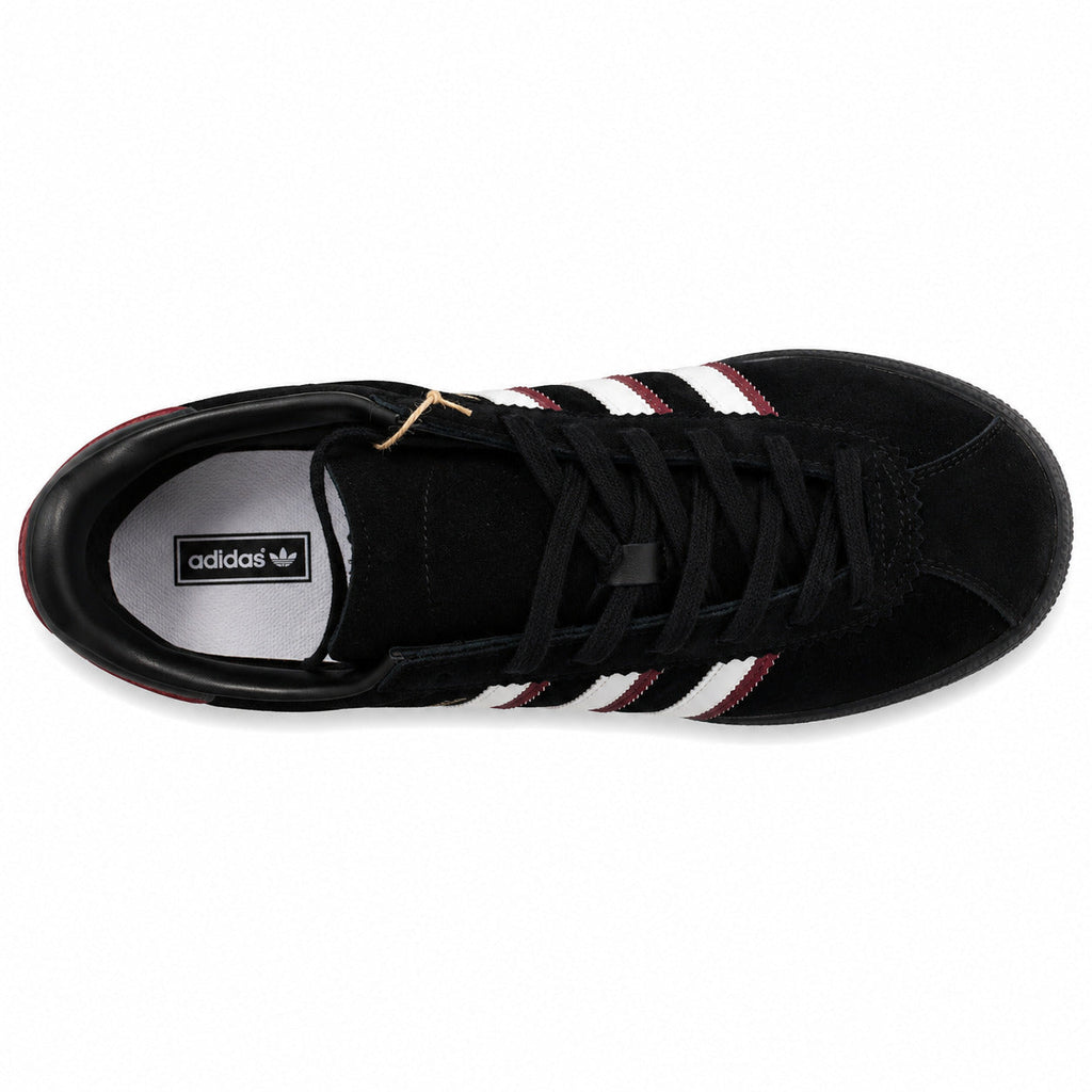 Adidas London 96 negro ante, franjas blancas y rojas, vista superior