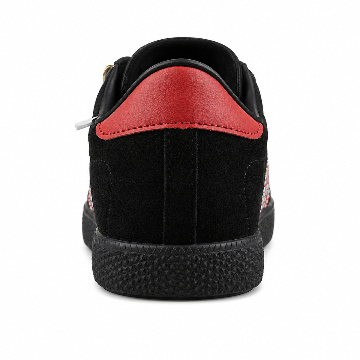 Adidas London 96 negro ante, detalle talón rojo y suela negra