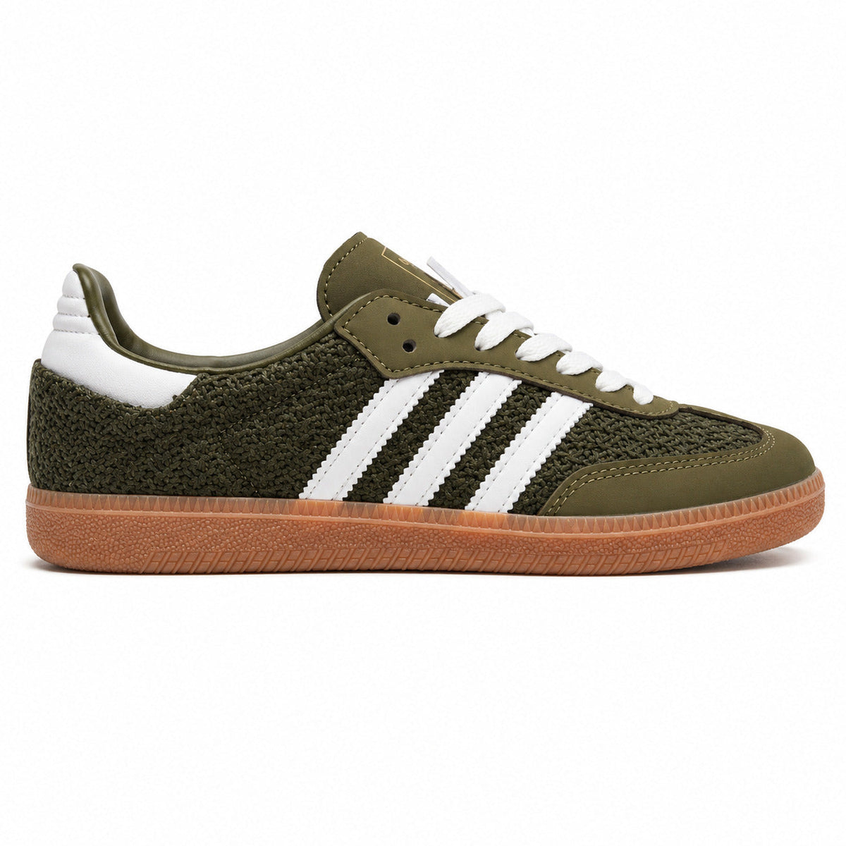 Adidas Samba OG bouclé verde oliva bandas blancas suela goma perfil derecho