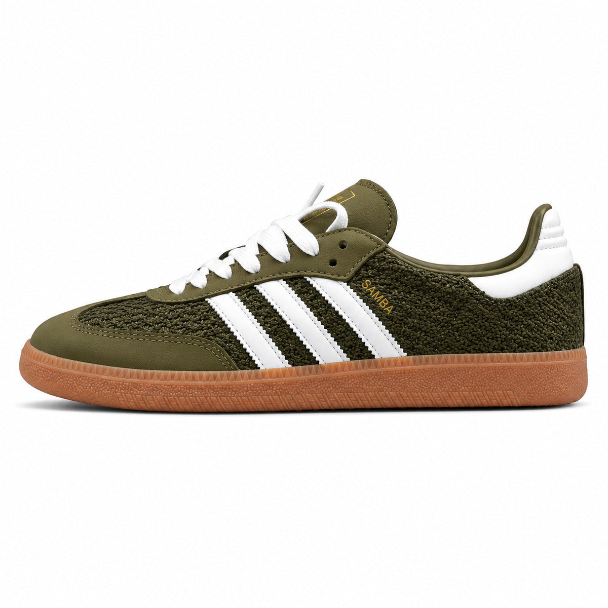 Adidas Samba OG bouclé verde oliva bandas blancas suela goma perfil izquierdo
