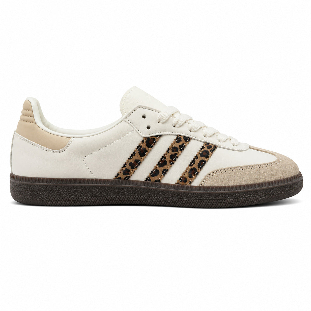 Adidas Samba OG crema tiras leopardo suela goma oscura lateral derecho
