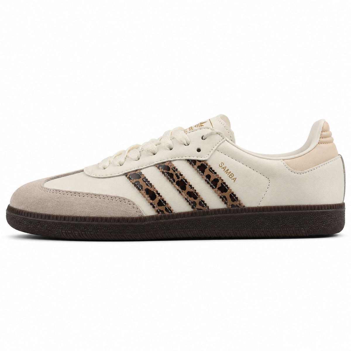 Adidas Samba OG crema tiras leopardo suela goma oscura lateral izquierdo