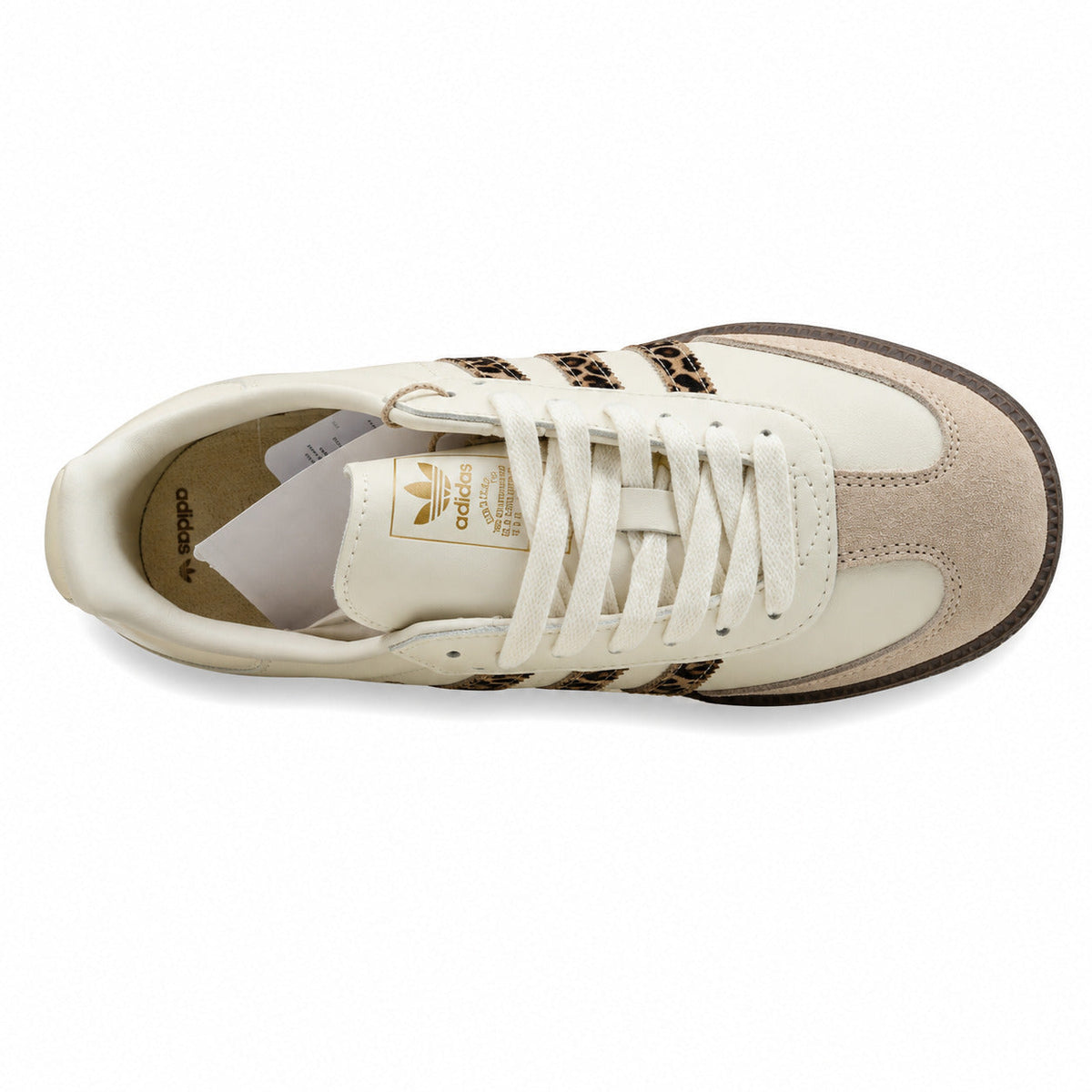 Adidas Samba OG crema leopardo vista superior lengüeta Trefoil dorado
