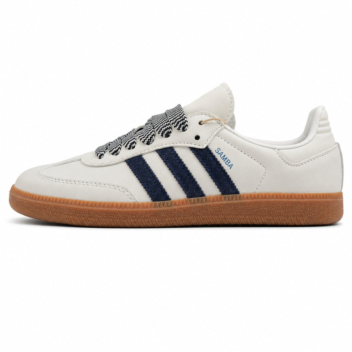 Adidas Samba OG crema marino cordones zigzag lateral izquierdo