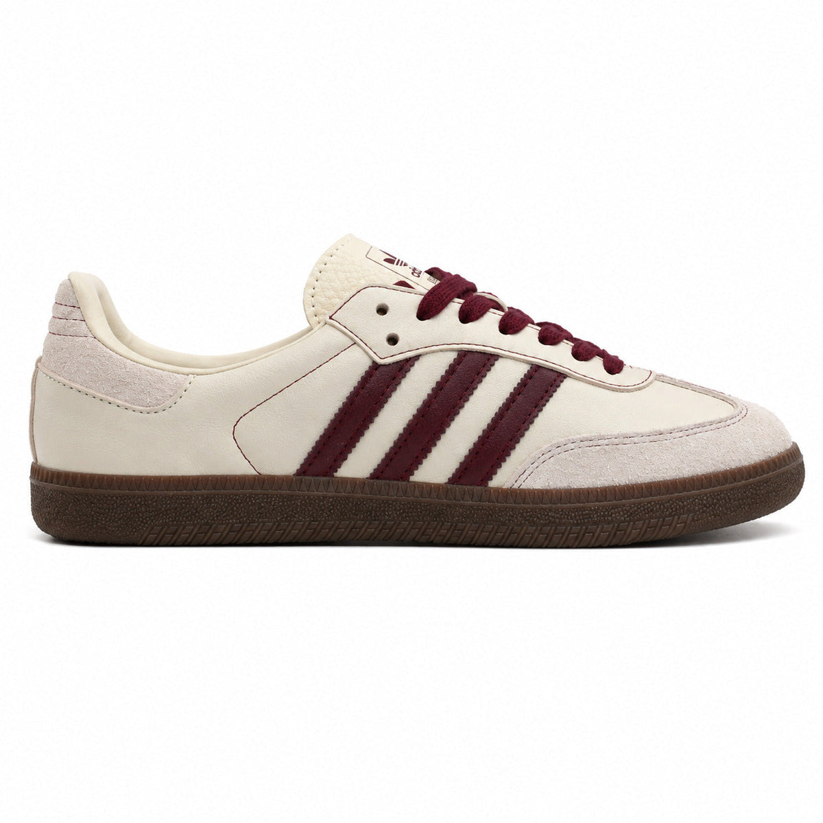 Adidas Samba OG crema bandas maroon suela goma marrón perfil derecho