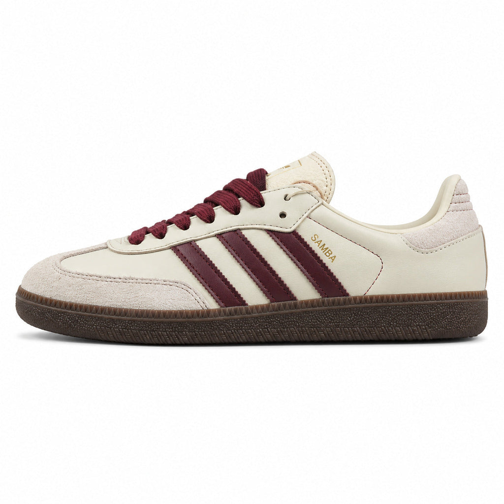 Adidas Samba OG crema bandas maroon suela goma marrón perfil izquierdo