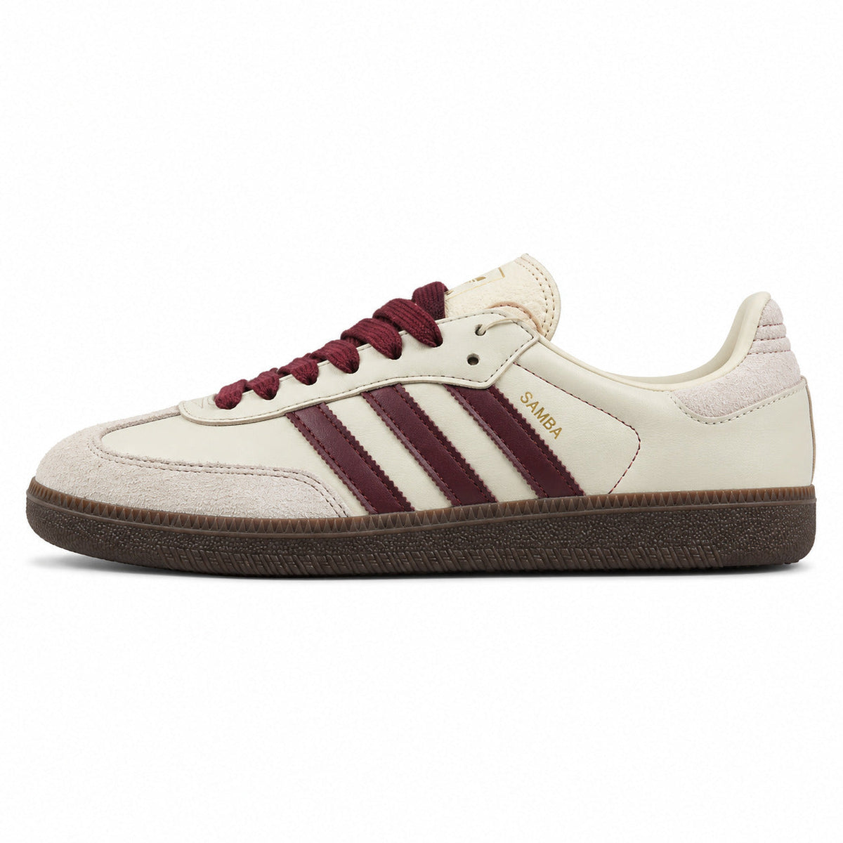 Adidas Samba OG crema bandas maroon suela goma marrón perfil izquierdo