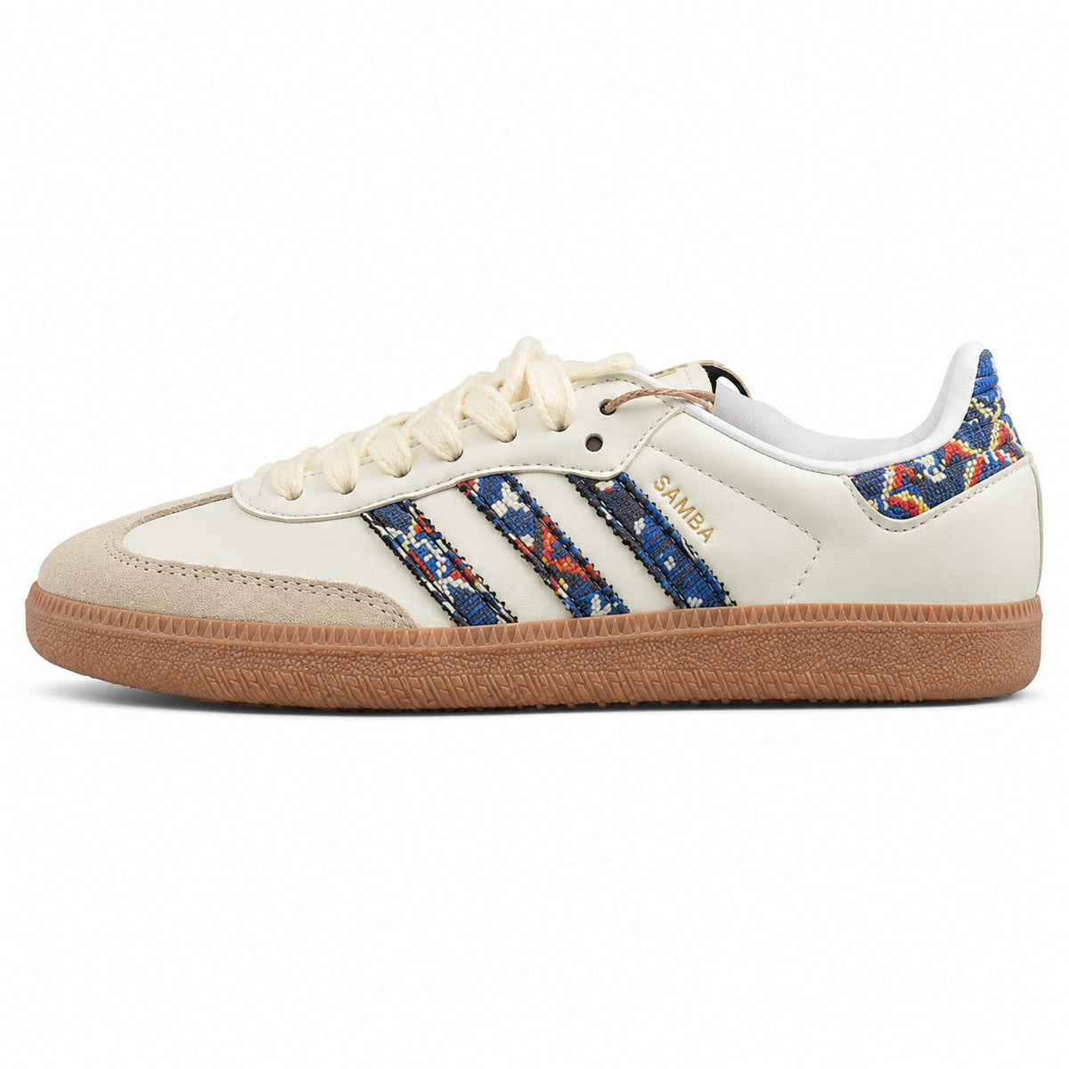 Adidas Samba OG crema bandas tapiz azul marino perfil izquierdo