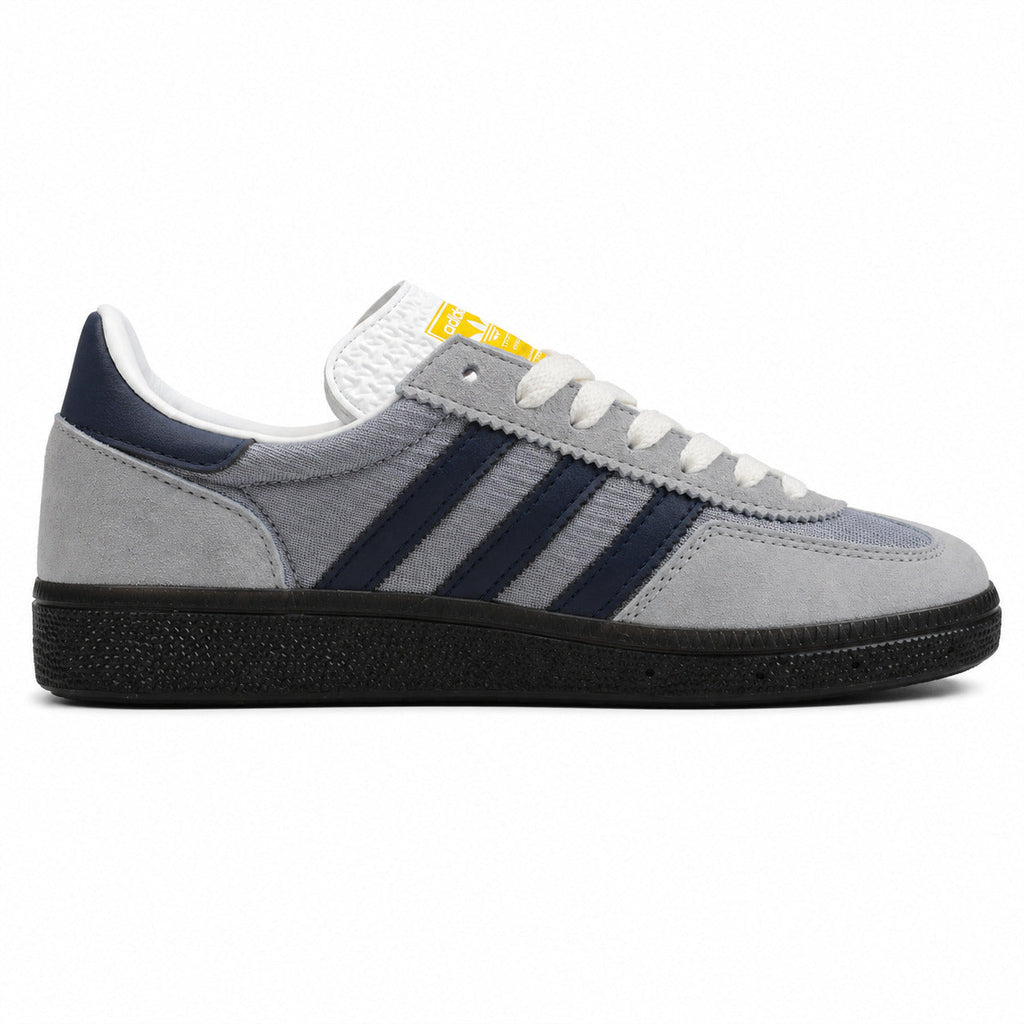 Adidas Samba OG gris ante nylon bandas azul marino suela negra perfil derecho