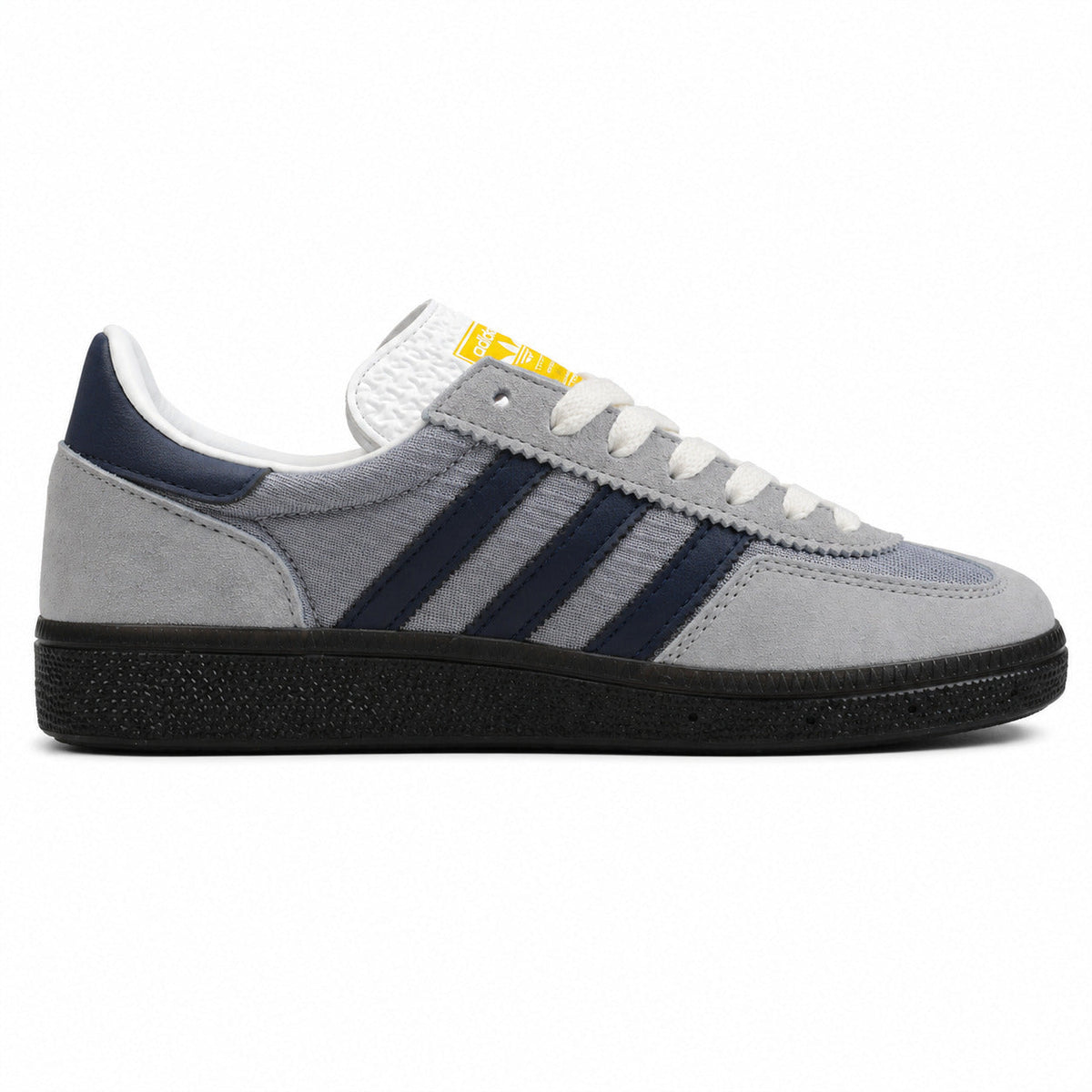 Adidas Samba OG gris ante nylon bandas azul marino suela negra perfil derecho