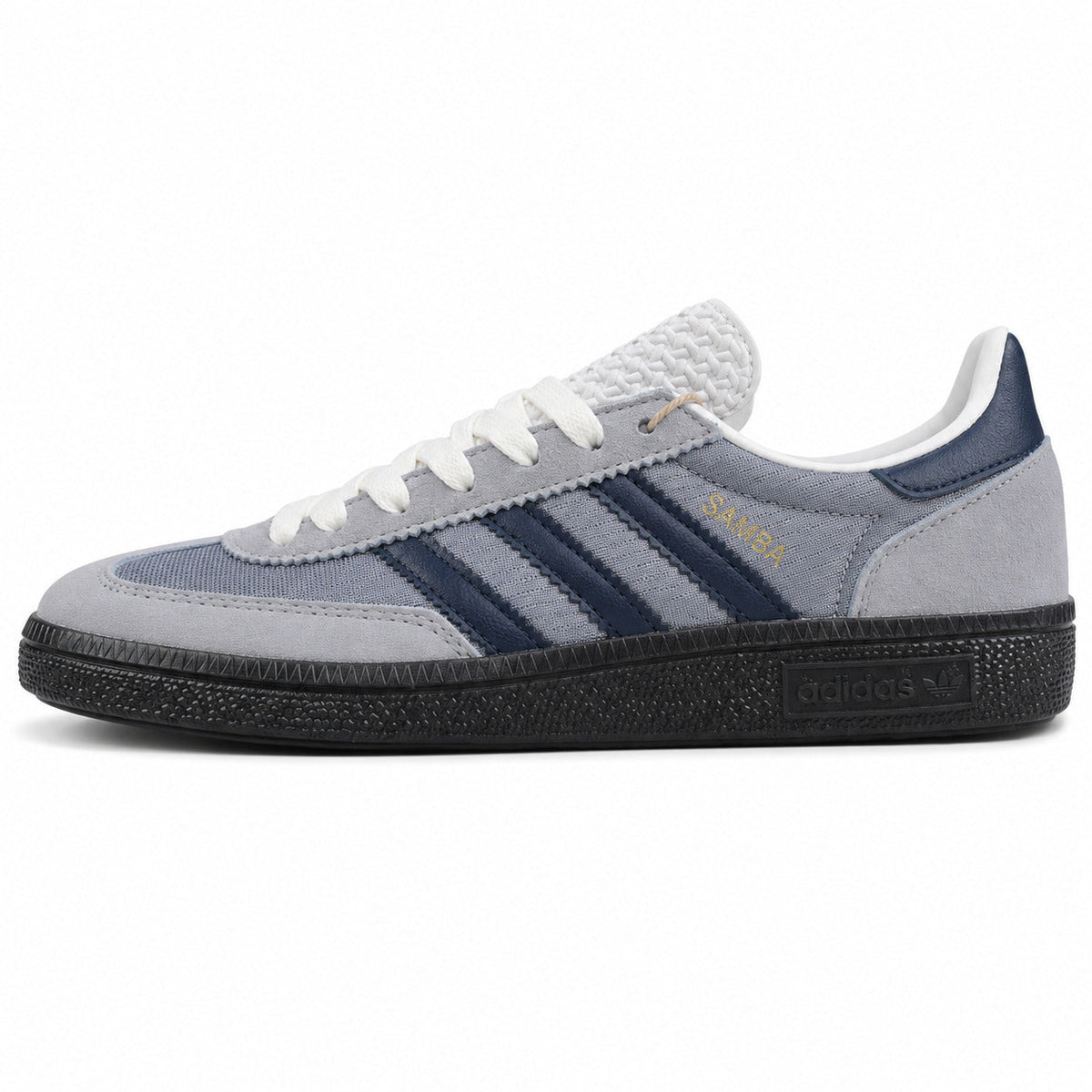 Adidas Samba OG gris hielo bandas azul marino suela negra perfil izquierdo