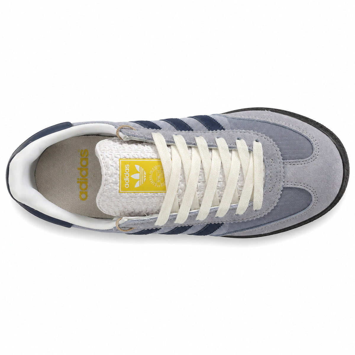 Adidas Samba OG gris marino cordones crema etiqueta originals amarilla vista superior